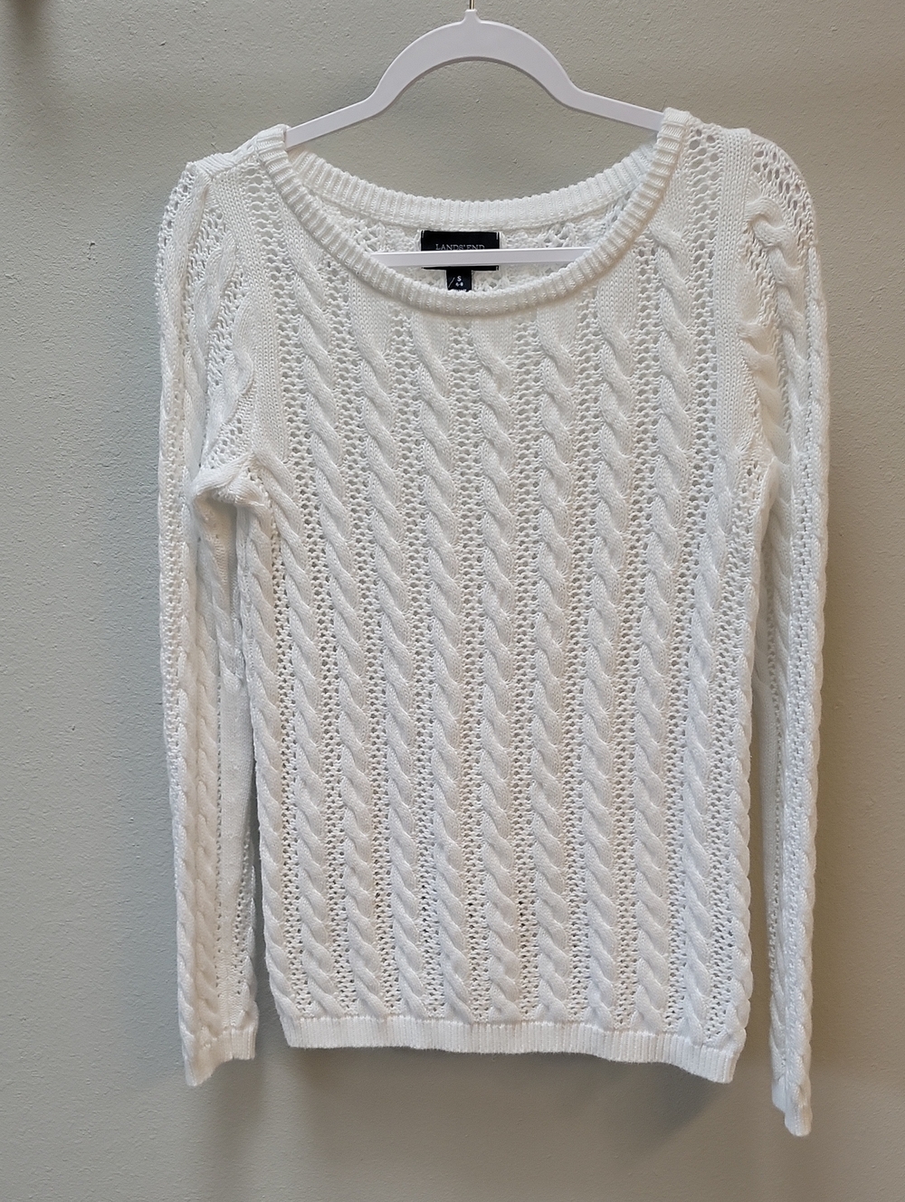 Lands' End White Cable Scoopneck Sweater